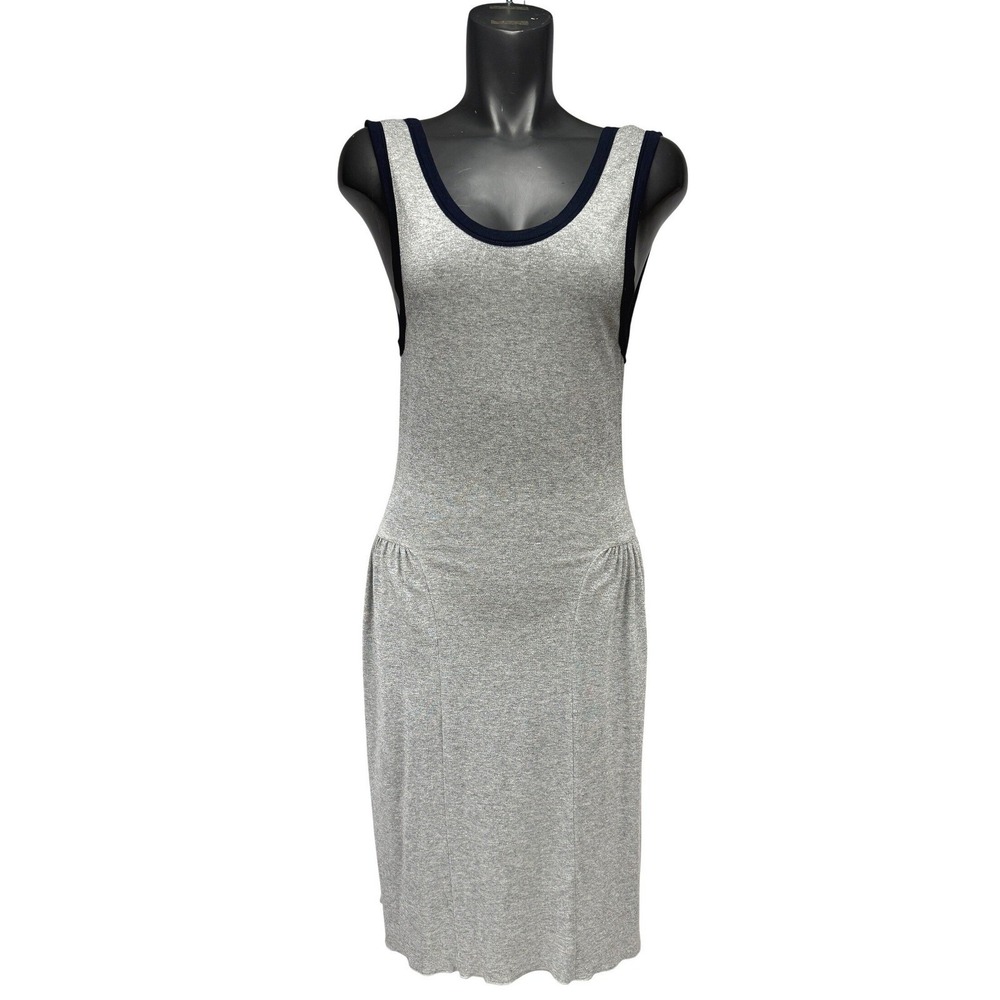 CLAUDIE PIERLOT Silver Metallic Knit Navy Trim Drop Waist Stretch‎ Midi Dress S